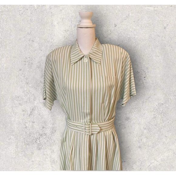 Vintage Penbrooke Lane Dress Womens 10 Green White Striped Button Up Belted Midi - Picture 5 of 12